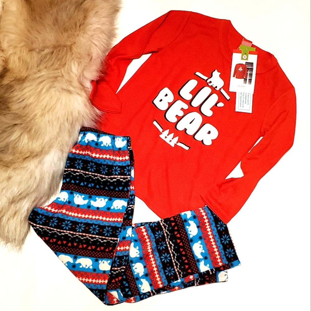 New LIL' BEAR 🐻 Polar Fleece Pant PJ Set 2 PC. NWT 4T Boy Girl family pajamas